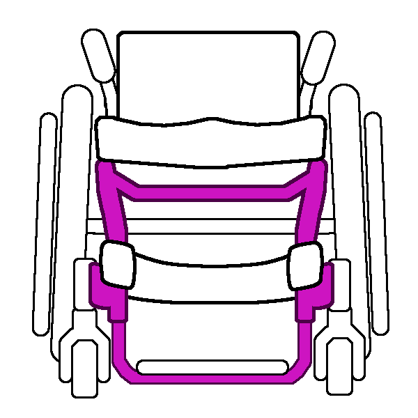 A black and white rigid wheelchair from the front with a bright pink frame.